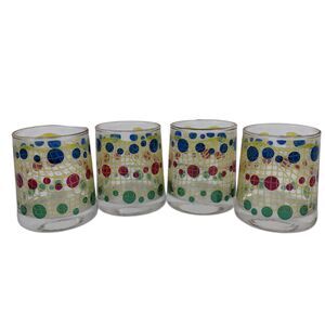 Bartlett Collins Gibraltar MCM Barware Lowball Glasses Circles Dots Gold Fishnet